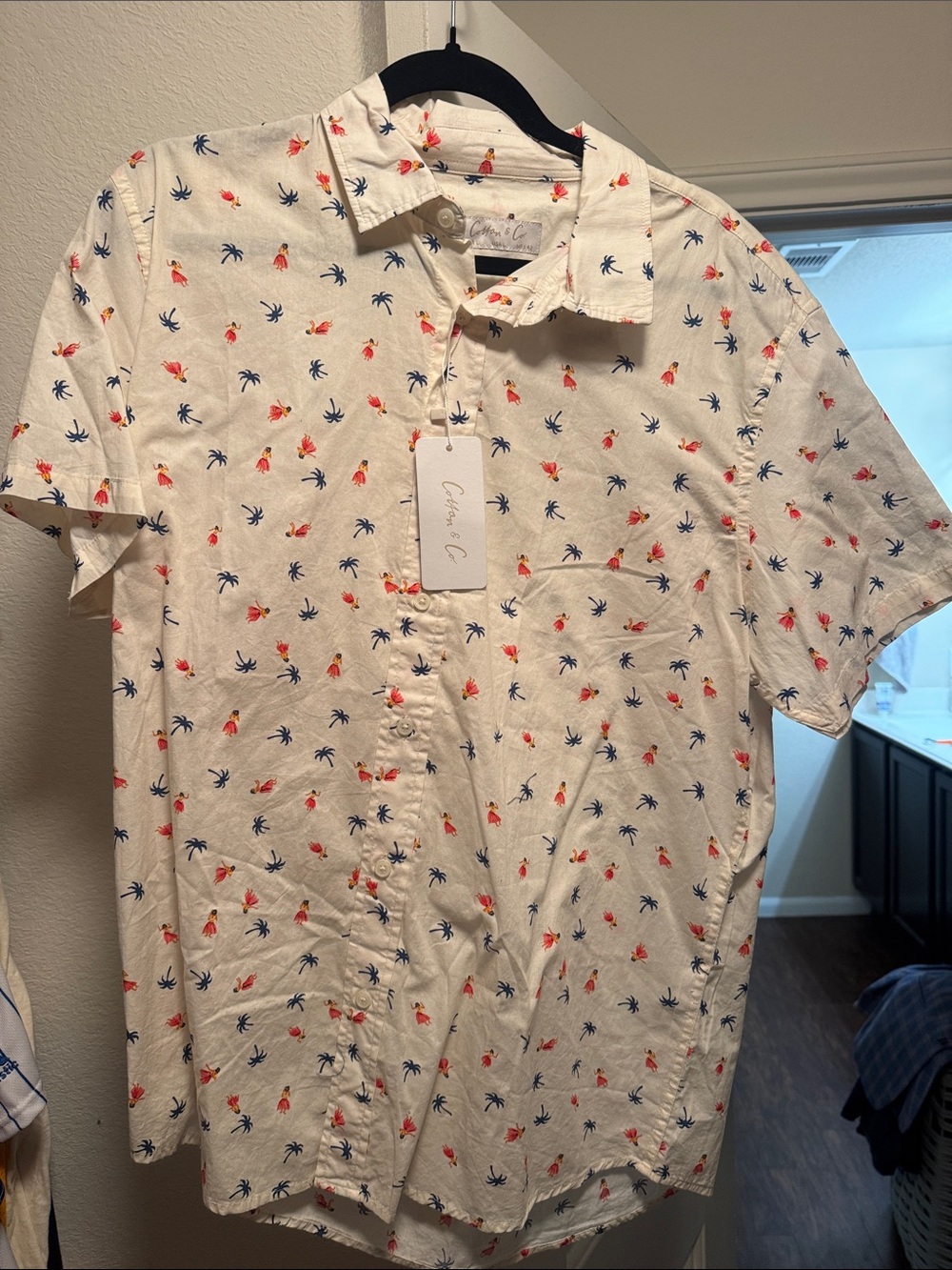 Casual Short-Sleeve White Palm-Print Shirt
